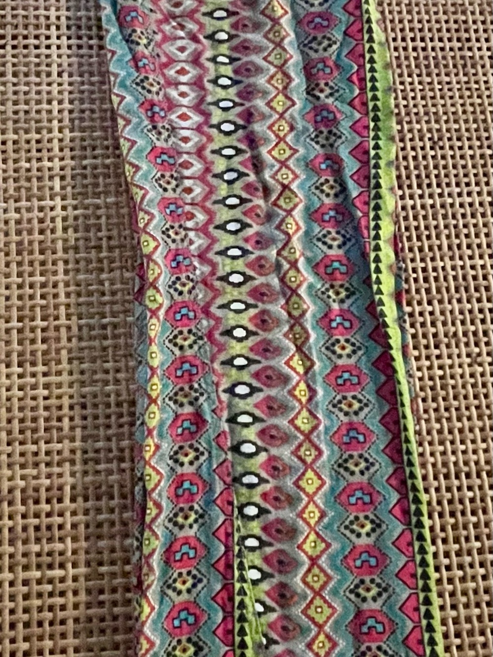Wide Leg boho linen Pants in bright Aztec Print. Medium. Drawstring waist.